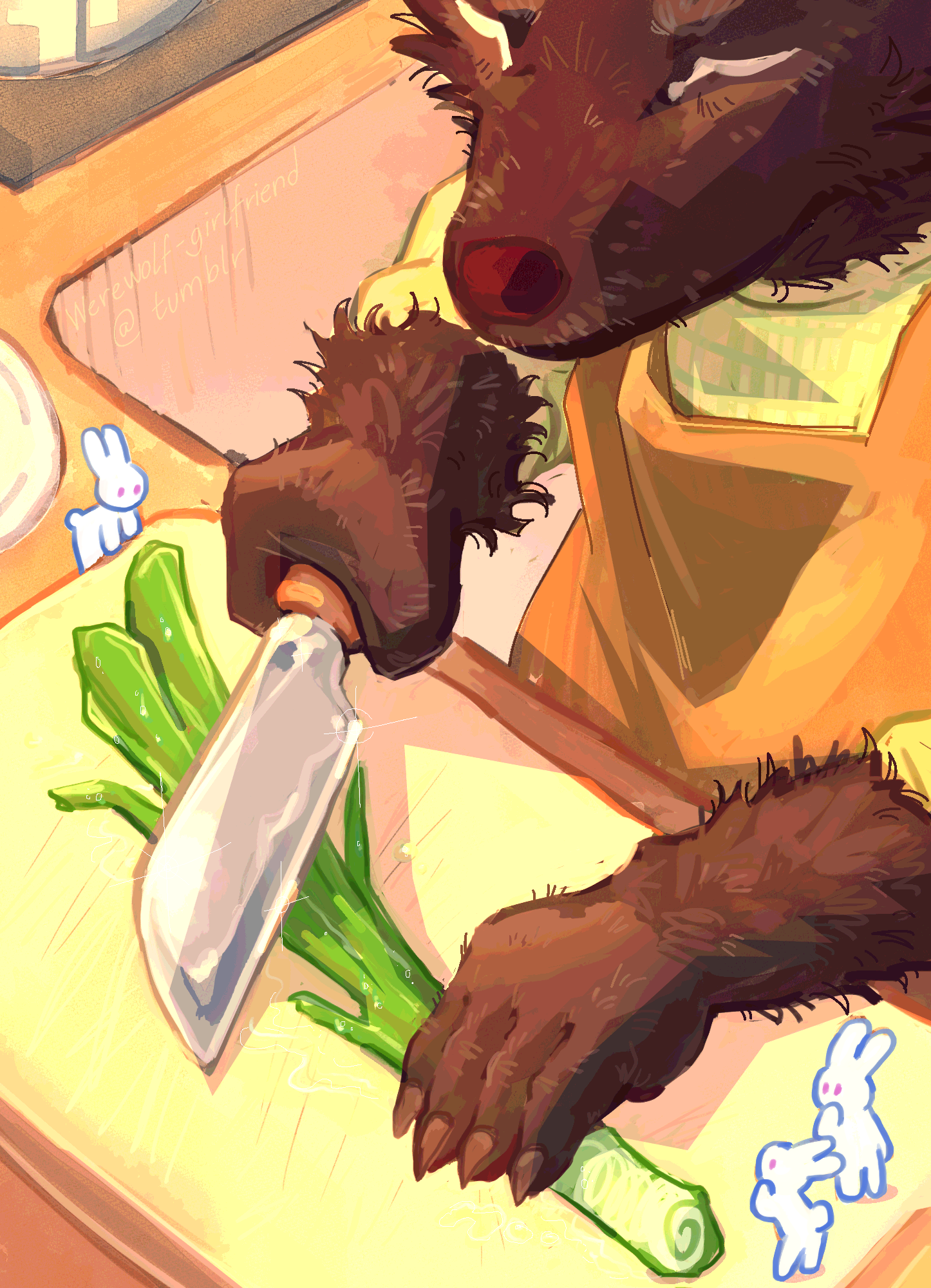 Digital painting of a kitchen scene. An anthropomorphic canine holds a knife, ready to chop a washed green onion. Three small, white, cartoony bunnies gather around the cutting board.